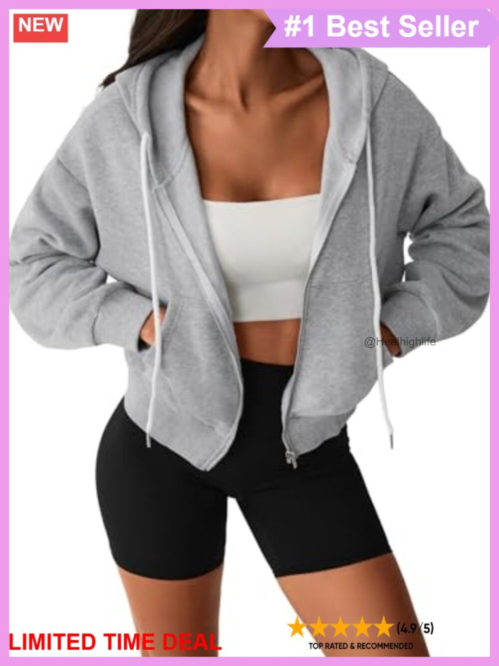 Womens Cropped Zip Up Hoodie Lightweight Hooded Jacket